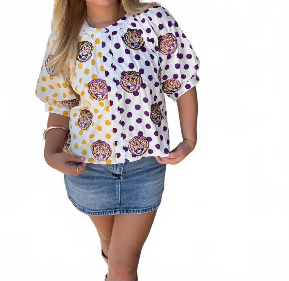 NEW QUEEN OF SPARKLES lsu mascot polka dot colorblock button up top in purple/ye